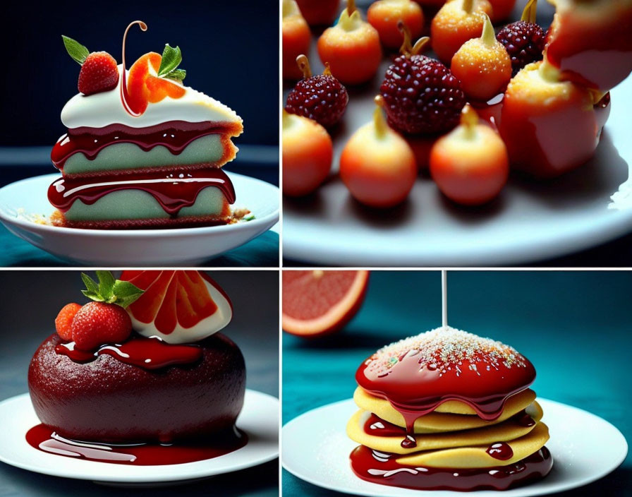 Assorted tantalizing desserts: layered cake, candy-coated berries, chocolate-glazed cake, and