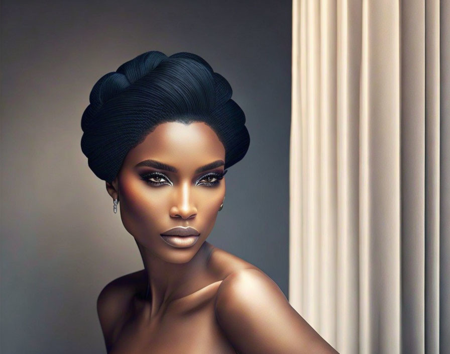 Portrait of woman with large updo hairstyle, striking makeup, earrings, glancing to side on neutral