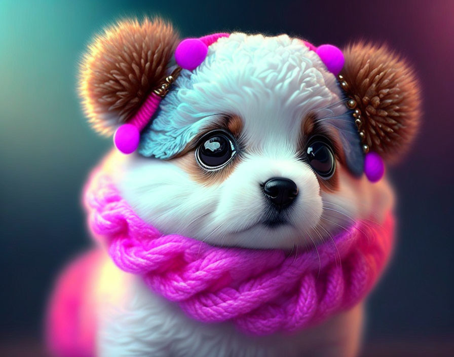 Adorable Puppy Illustration with Sparkling Eyes and Winter Accessories