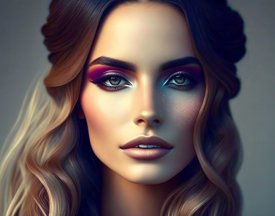 Woman with Blue Eyes, Purple Eyeshadow, Freckles, and Ombré Hair Illustr
