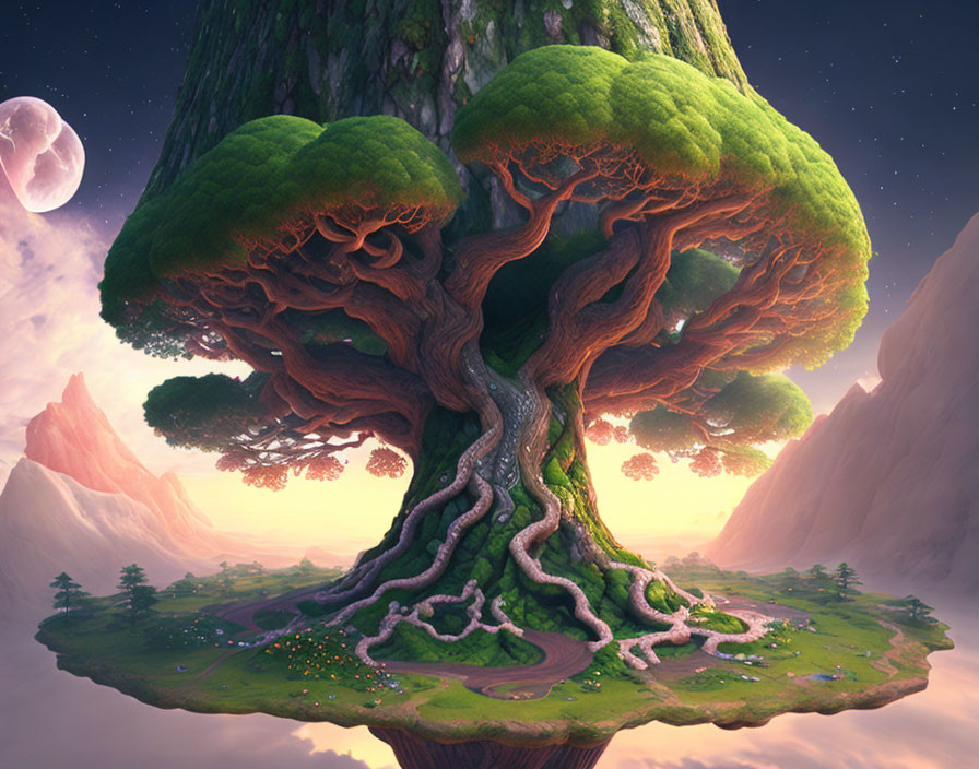 Fantastical image: Massive tree on floating island with mountain backdrop and twilight sky.