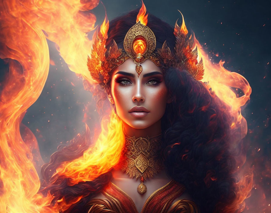 Digital illustration: Woman with fiery hair and ornate crown, surrounded by flames