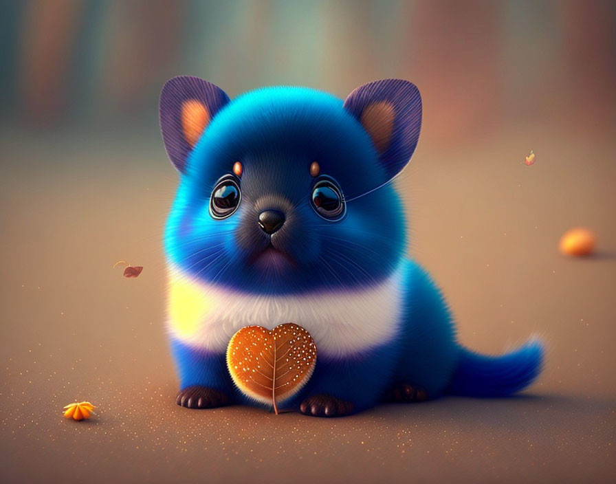 Stylized blue and black fluffy creature with heart-shaped leaf in paws on blurred background