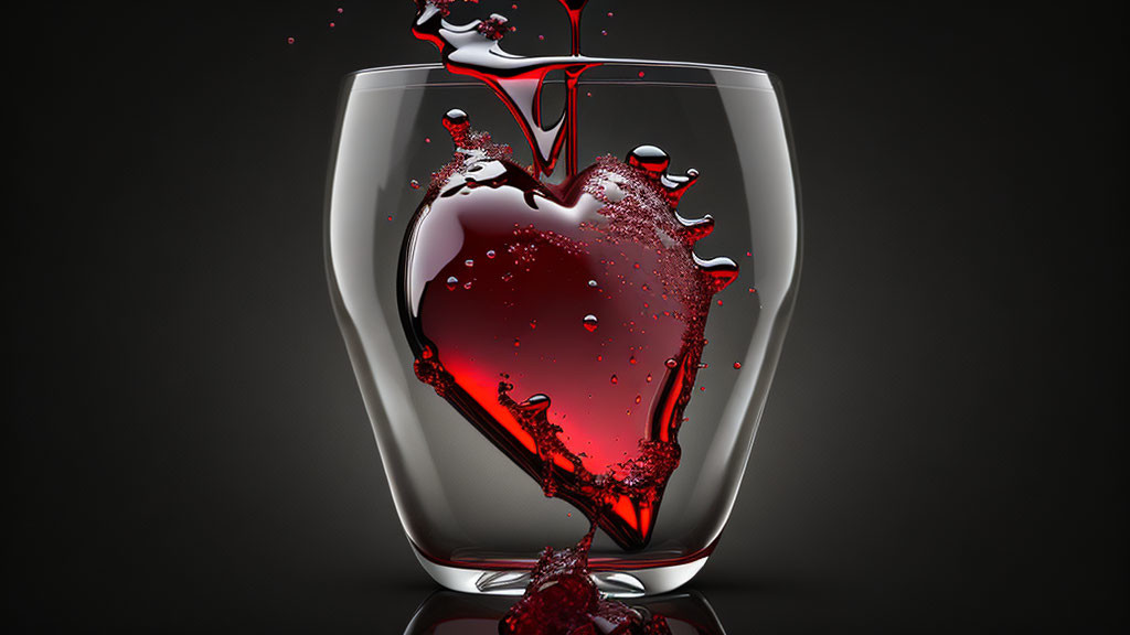 Heart-shaped red liquid splash in clear glass on dark background
