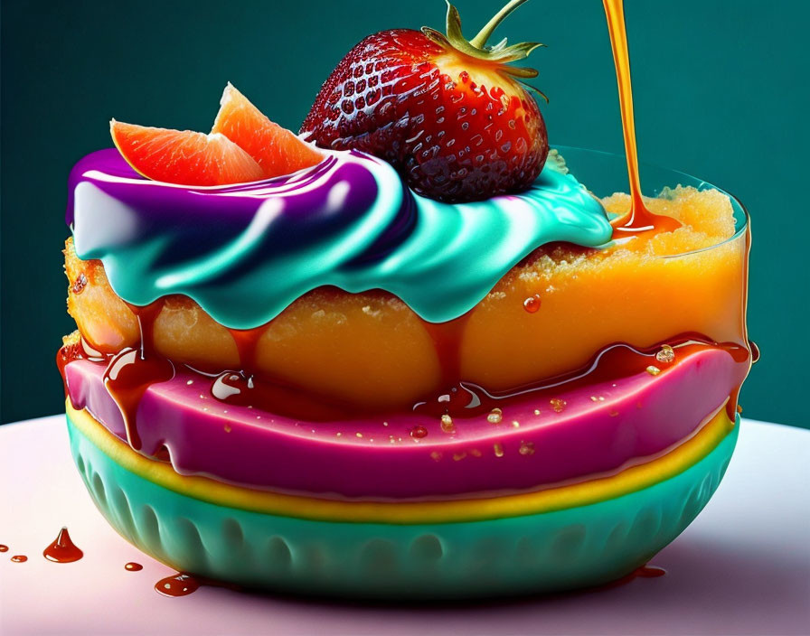 Colorful Layered Dessert Artwork with Caramel Drizzle & Fresh Fruit