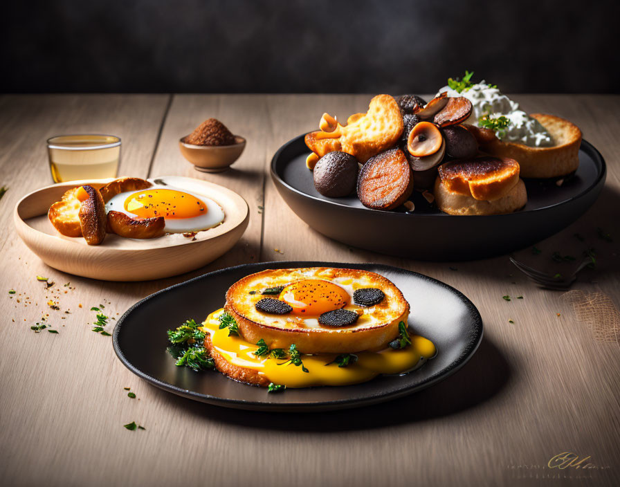 Gourmet breakfast setup with sunny-side-up eggs, sausages, mushrooms, and drink on wooden
