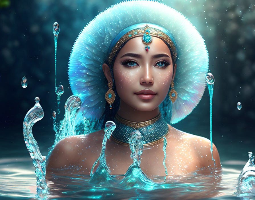 Woman with ornate headpiece emerges from water surrounded by suspended droplets and water spirals.