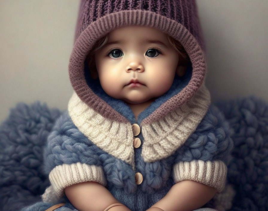 Toddler in Purple Knit Hat and Blue Sweater on Soft Blanket