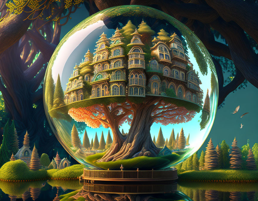 Fantastical tree with multi-storied house in transparent bubble in enchanted forest