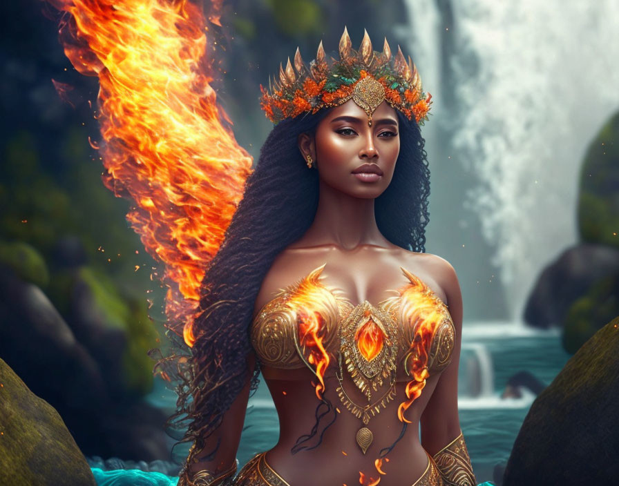 Dark-haired woman in fiery armor exhaling flames by waterfall