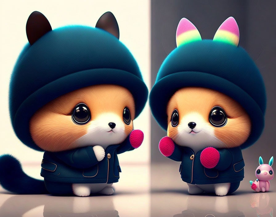 Two cute animated puppies in winter outfits, one blue and one pink, with a tiny bunny toy in
