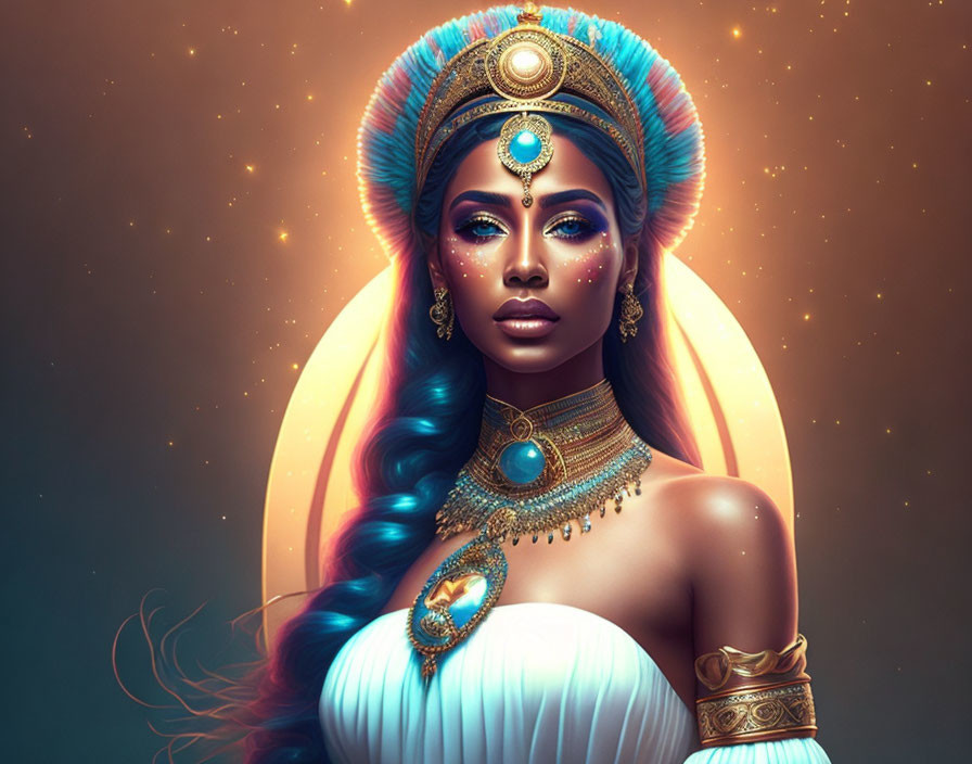 Illustration of woman with blue hair in Egyptian royal style.