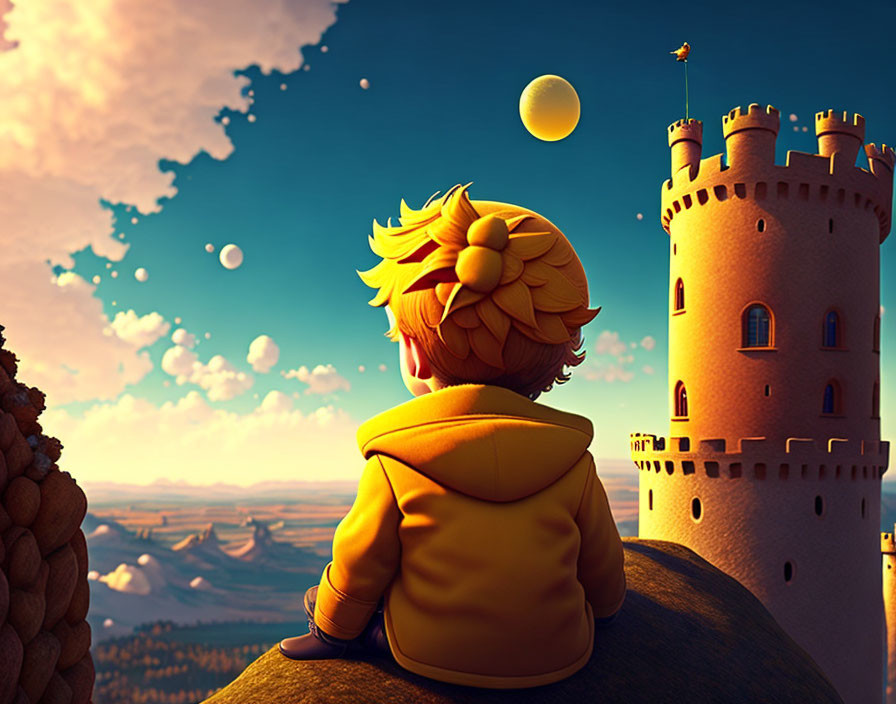 Blonde Child in Yellow Jacket Gazing at Castle and Celestial Bodies