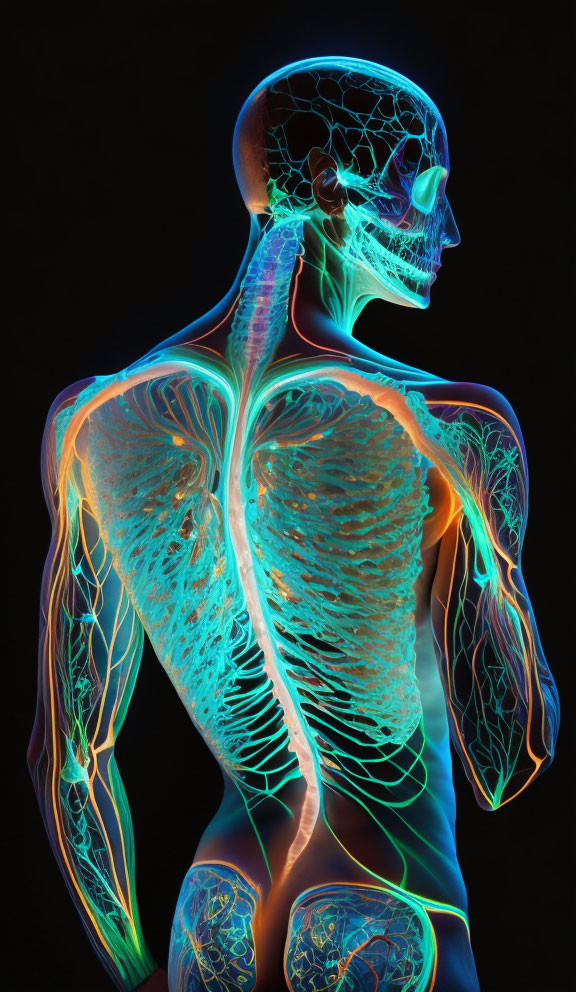 Neon vascular and nervous systems on human body illustration
