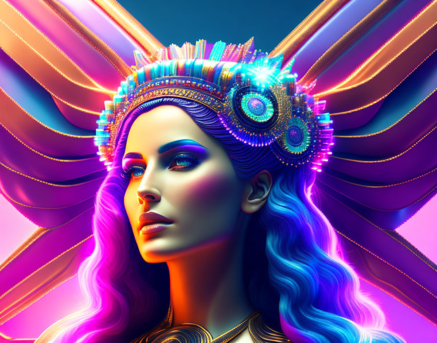 Colorful portrait of a woman with blue hair and intricate headdress on neon background