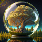 Fantastical tree with multi-storied house in transparent bubble in enchanted forest