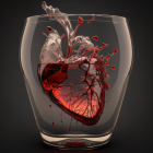 Heart-shaped red liquid splash in clear glass on dark background