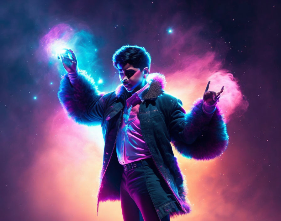 Person wearing sunglasses with cosmic energy against vibrant nebula background