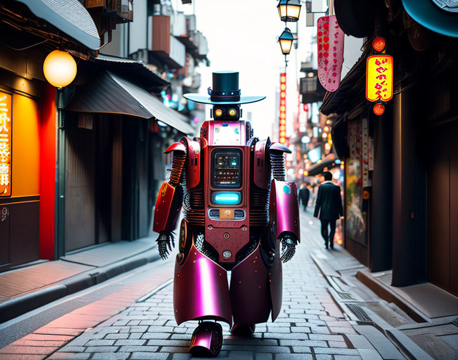 Retro-futuristic robot with top hat in colorful city alley at dusk