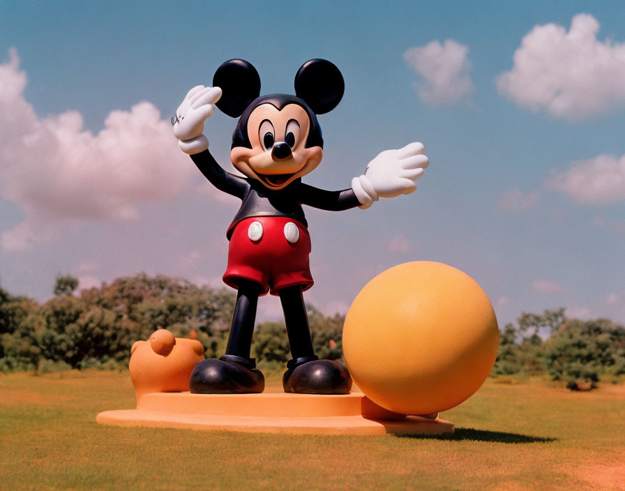Mickey Mouse statue with open arms next to yellow sphere on sunny day