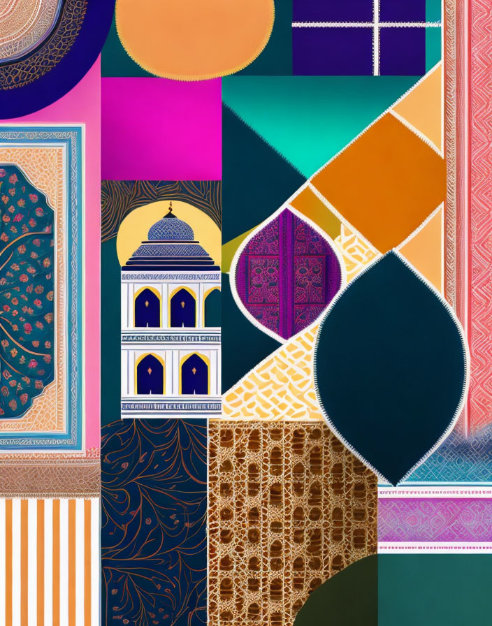 Vibrant geometric patterns and architectural elements in Islamic art collage.