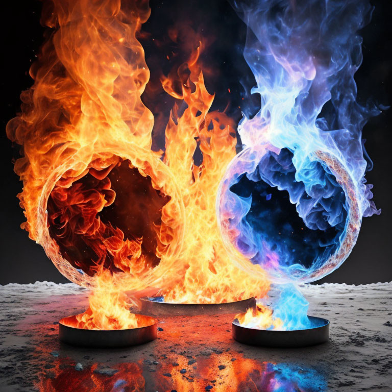 Intertwined orange and blue spherical flames on rocky surface