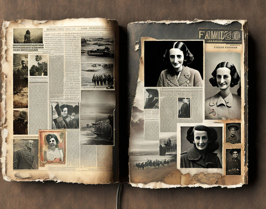 Vintage Scrapbook Revealing Old Photographs and Newspaper Clippings