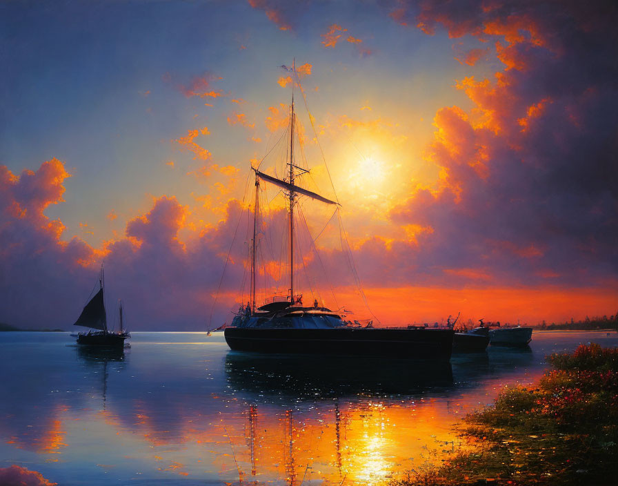 Tranquil sunset scene with vibrant clouds, calm water, and sailboat silhouettes
