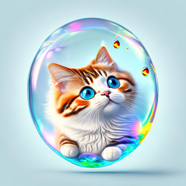 Cartoonish blue-eyed kitten in iridescent bubble with floating bubbles