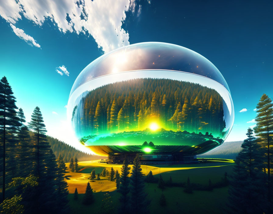 Futuristic dome structure with forest ecosystem under dusk sky