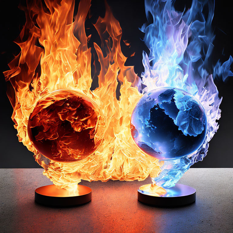 Fire and Ice Element Globes on Dark Background