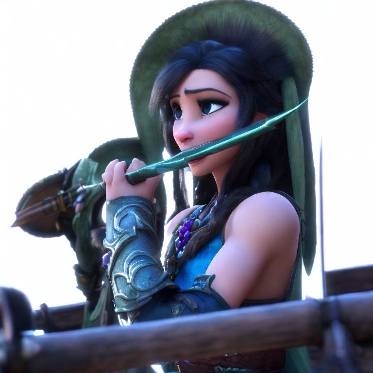 3D animated female character in green hat and armor playing flute