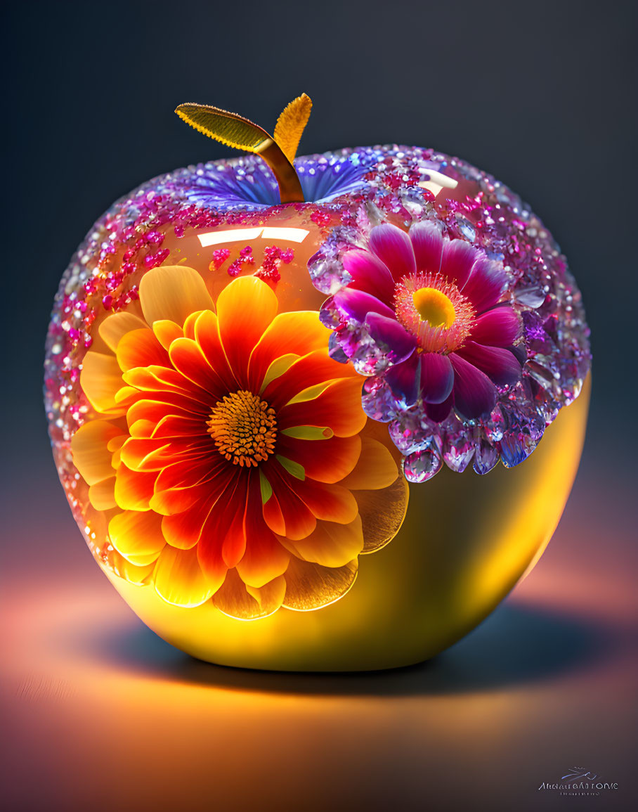 Vibrant floral and crystal elements on glossy apple artwork