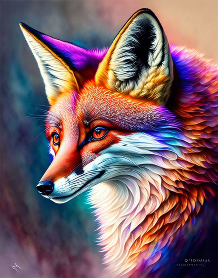 Vibrant digital art: colorful fox with purple, blue, orange, and yellow hues blending realism