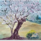 Vibrant tree with pink fruits in whimsical landscape