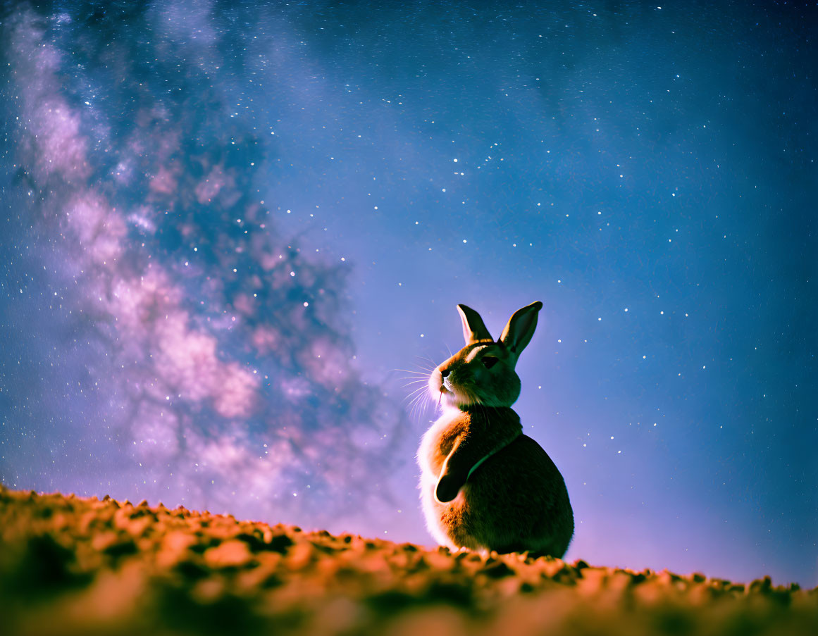 Rabbit gazing at starry night sky with galaxy backdrop