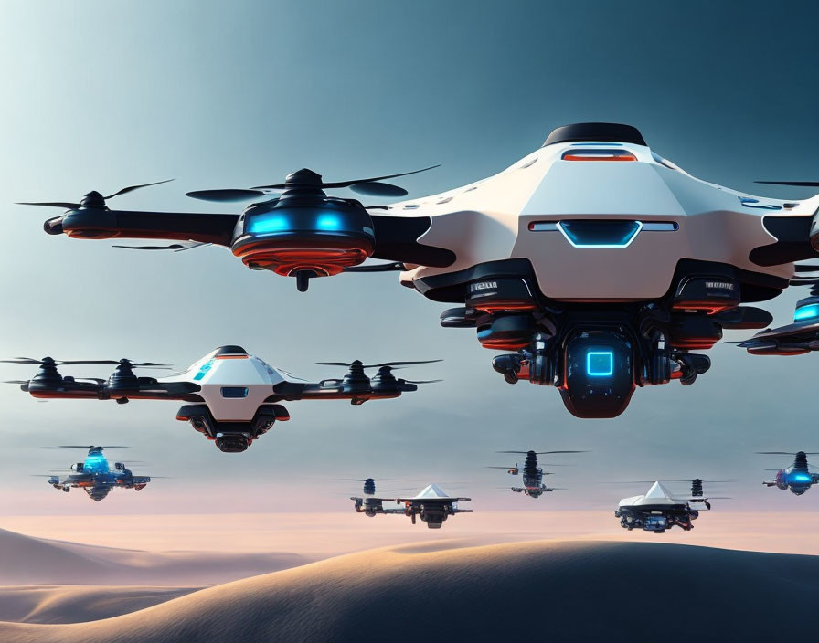 Futuristic drones flying above desert dunes in soft pastel sky