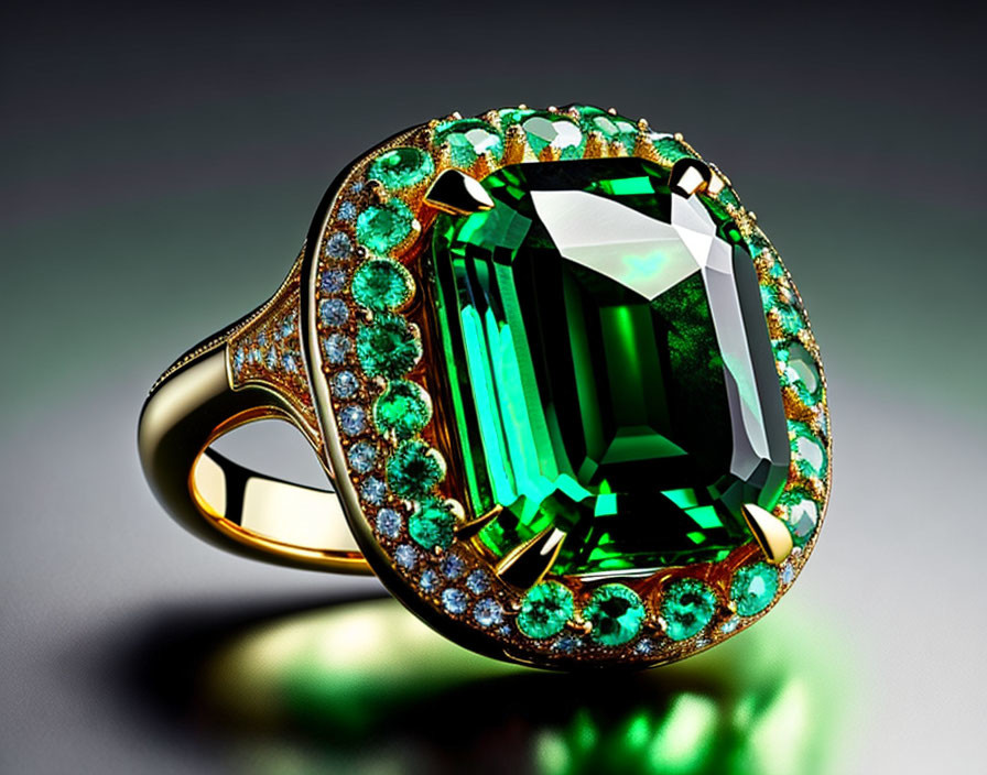 Luxurious Gold Ring with Emerald-Cut Green Gemstone and Surrounding Clear Gemstones