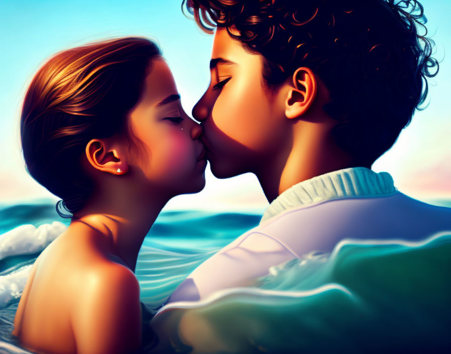Boy and Girl kissing in the ocean