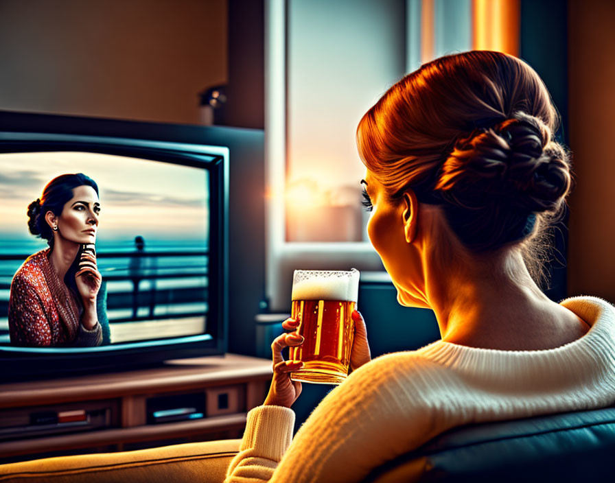 Lonely woman watching tv.
