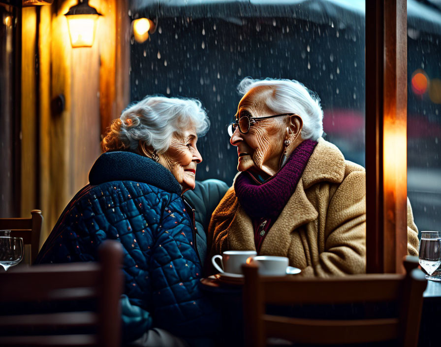 Old couple in restaurant with rain outside.