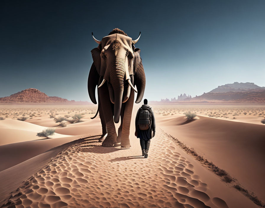 Giant and men meeting in desert.