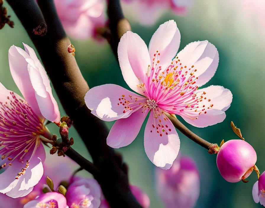 Pink Cherry Blossom with Vibrant Yellow Center and Buds on Green Background