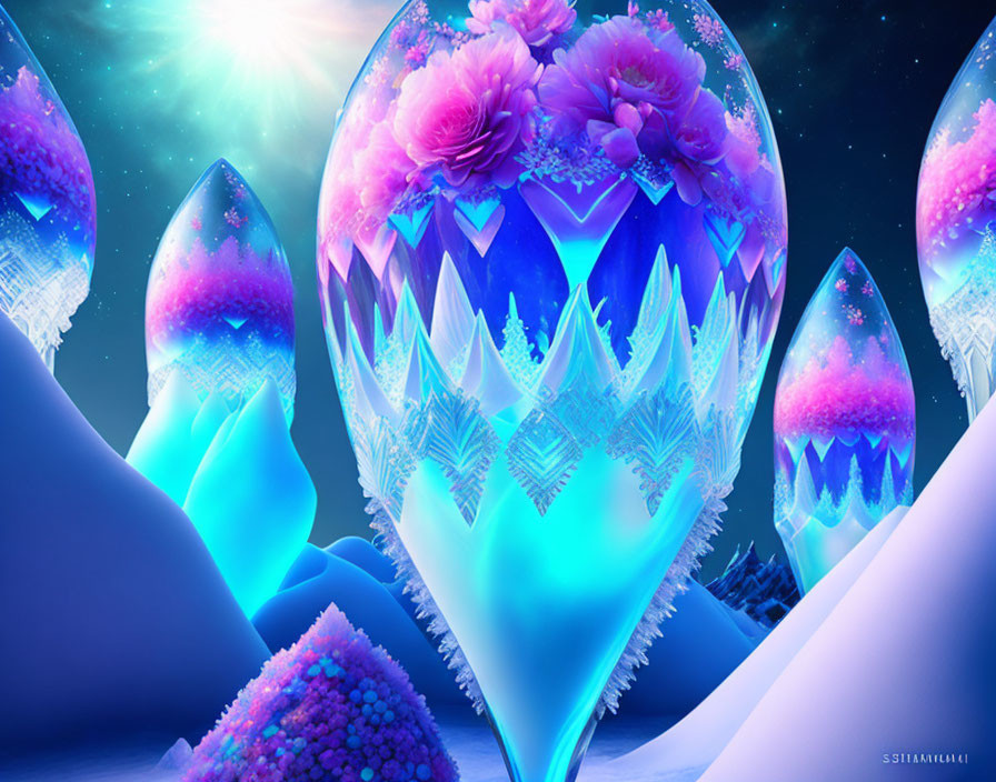 Digital Art: Heart-shaped crystal with flowers, icy peaks, and celestial sky