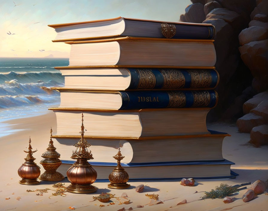 Stack of Five Books with Three Metal Pots on Sandy Shore