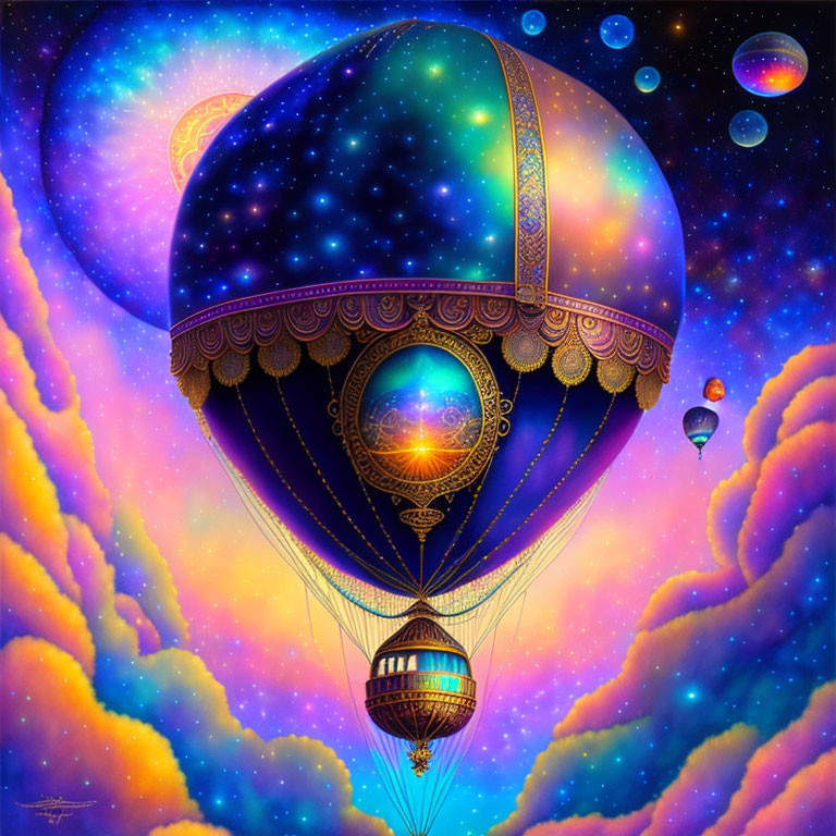 Colorful Hot Air Balloon Floating in Cosmic Sky