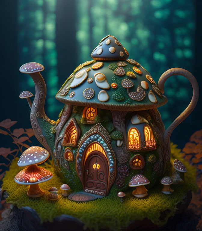 Whimsical mushroom house teapot in enchanted forest