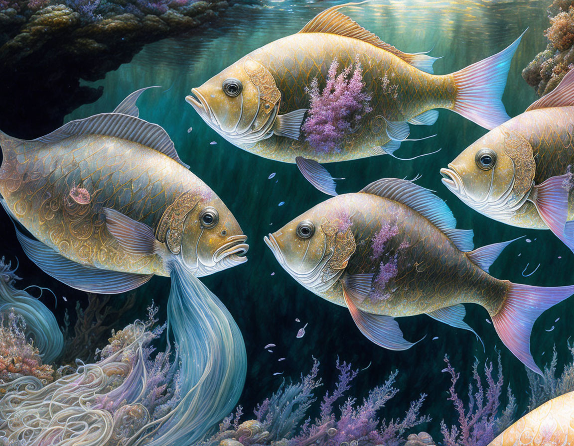 Golden-scaled fish swim in coral-filled underwater scene