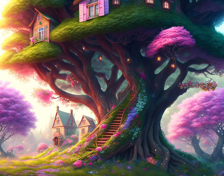 Whimsical illustration of ancient tree with houses and pink blossoms