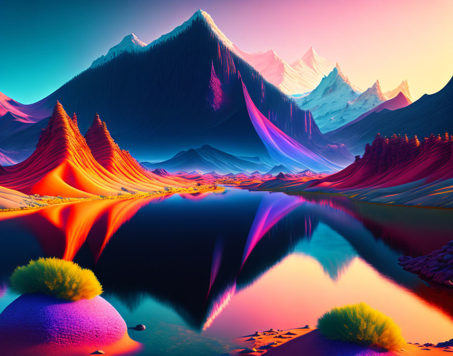 Neon-colored mountains in surreal digital landscape